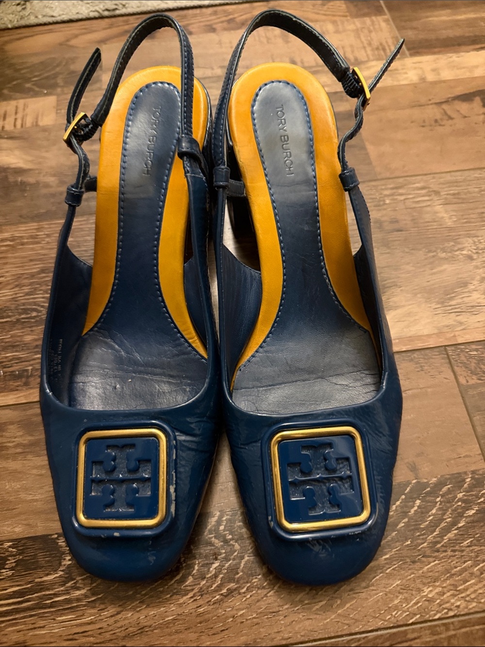 Tory Burch Navy and Yellow Slingback Logo Heels